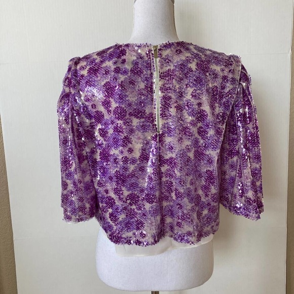 NWT Endless Rose Purple Sequin Shirt Scoop Neck Small Flutter Sleeve Crop Top - Picture 3 of 9